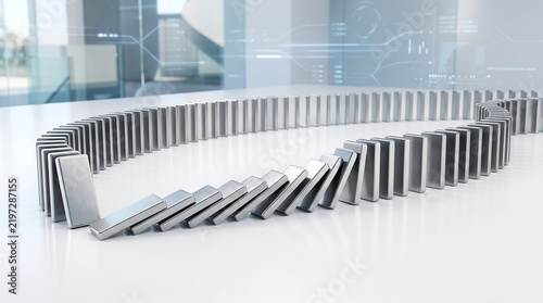 Metallic Domino Effect Concept Featuring Falling Metal Blocks Representing Business Strategy And Chain Reactions