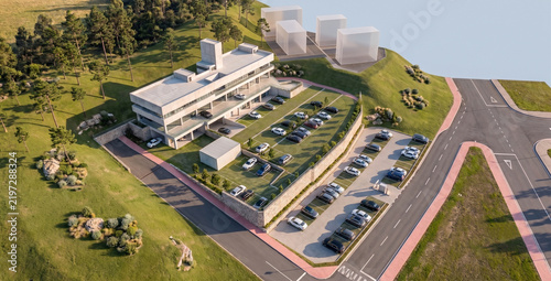 3d architectural rendering of a modern educational facility in the park