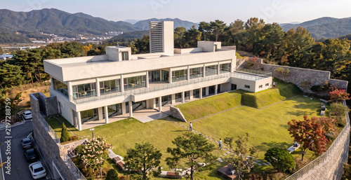 3d architectural rendering of a modern educational facility in the park