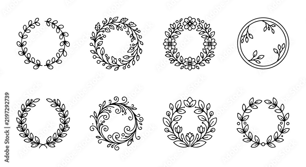 Fototapeta premium Elegant Floral Wreaths Vector Set, Decorative Laurel Circles, Botanical Flourishes, Organic Frames