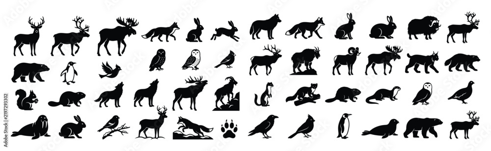 Fototapeta premium Wild Winter Animals and Birds Silhouette Collection