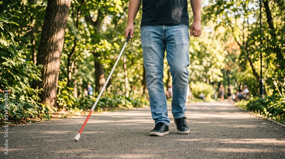 Obraz premium Blind man walking with white cane in sunny park, visually impaired person navigating outdoor path, disability and accessibility concept