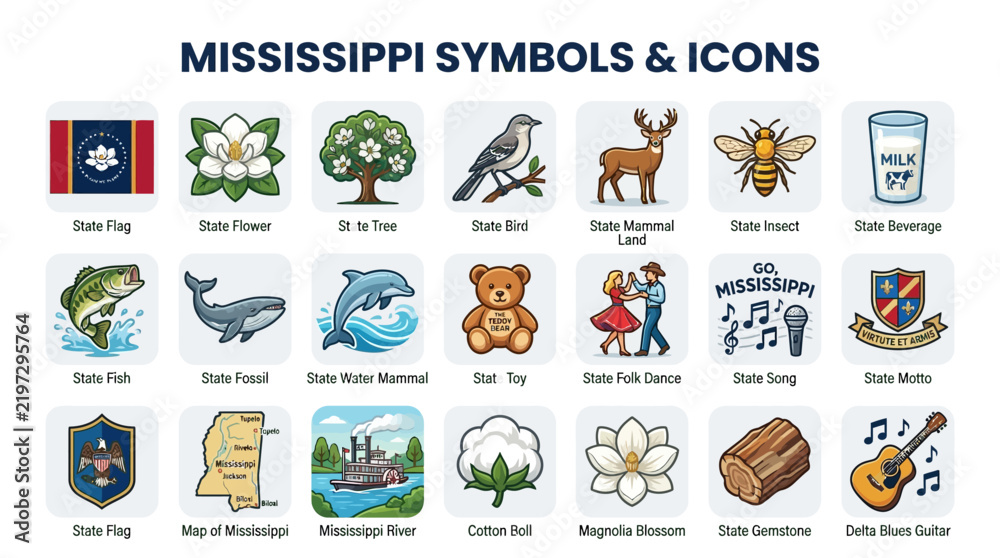 Obraz premium Mississippi State Symbols And Icons Sheet Featuring Official State Wildlife Plants Geography Culture And Travel Illustrations Vector
