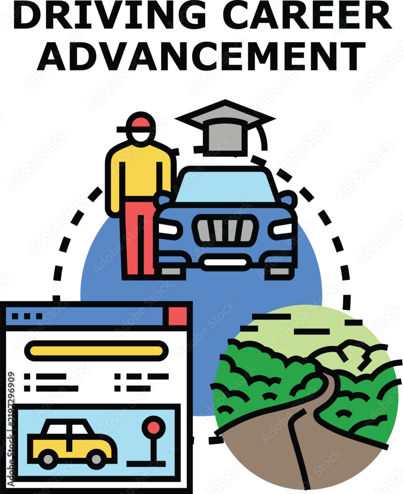 Obraz premium Graphic representing a person with a graduation cap next to a car on a journey, symbolizing education and successful progression along a career path