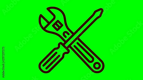 crossed wrench and screwdriver animation with red flashing light on a green screen background. Perfect for repair and technical support projects
