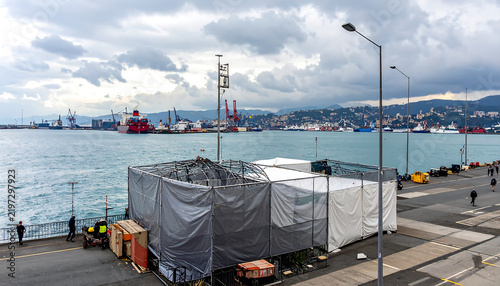 GENOA, ITALY - JUNE 16, 2015: Temporary structure of containment and protection of explosive devices found in the lands of the port of Genoa. 