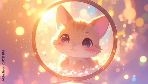Cute ginger kitten peering through golden ring