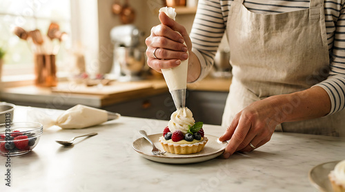 Woman decorating a fresh berry tart with green cream using a piping bag in a cozy home kitchen
