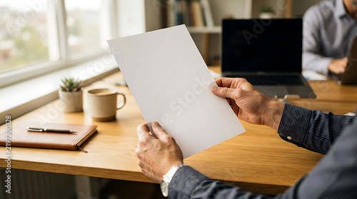 Business person holding a blank paper document at a wooden office desk with a laptop and coffee mug in a bright workspace