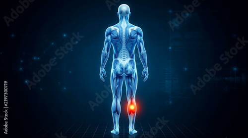 Human body anatomy showing muscle pain in the calf with a red glowing highlight for medical or health education