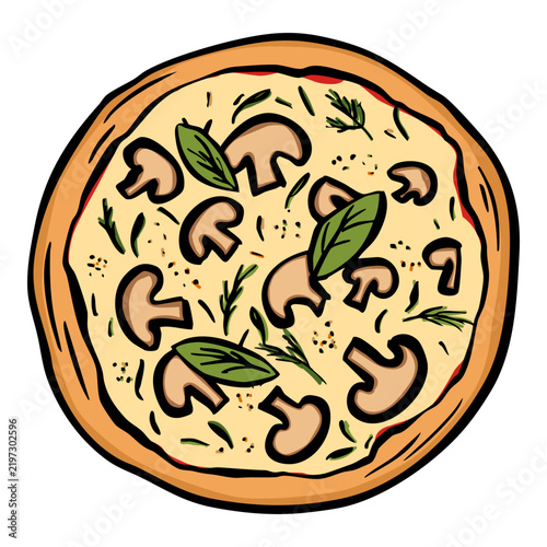 Mushroom pizza doodle drawing, vector illustration