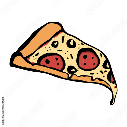 Slice of pepperoni pizza with black olives, doodle drawing, vector illustration