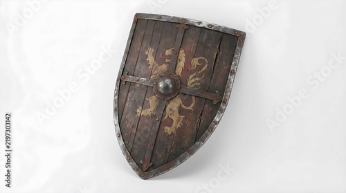 Ancient Warrior Wooden Shield featuring Heraldic Lion Carving and Steel Rimmed Edges on White Background