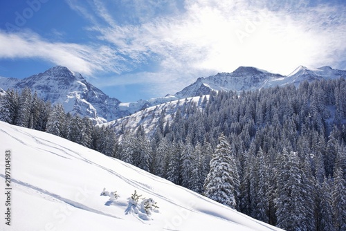 Принти на полотні The winter atmosphere in the town of Interlaken and the surrounding Swiss Alps