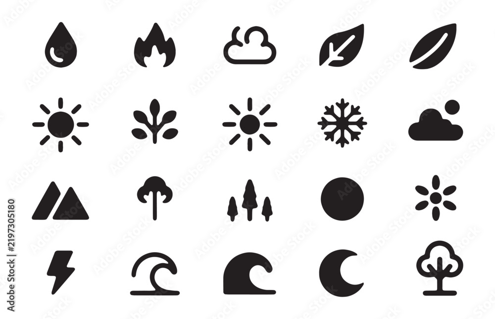 Obraz premium Minimalist solid nature icons featuring trees moon stars mountains sun waves and weather symbols.