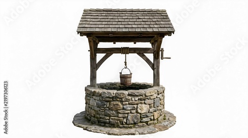 Traditional Rustic Old Stone Water Well with Wooden Roof and Bucket Isolated on White Background