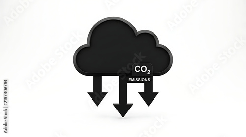 3D black cloud icon with CO2 emissions text and downward arrows representing carbon footprint reduction and climate action