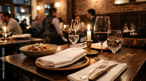 Red wine glasses and pasta dish on a rustic wooden restaurant table