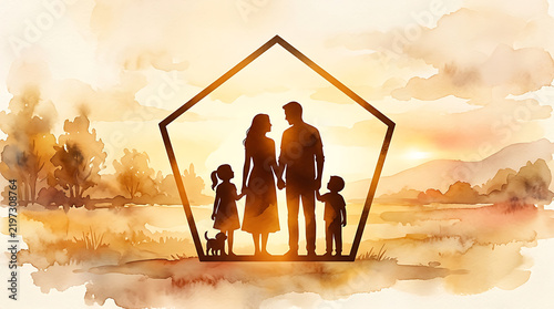 Watercolor illustration of a happy family inside a house outline with a warm golden autumn landscape for home and unity
