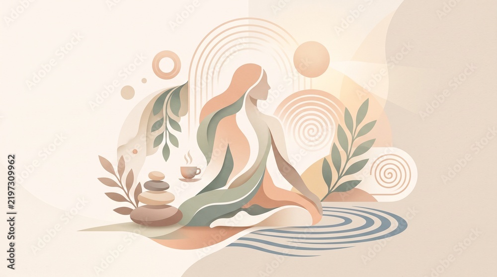 Obraz premium Elegant minimalist vector illustration of a mindful wellness and self-care concept, featuring a serene woman meditating in a flowing abstract pose, surrounded by organic leaves, smooth stones.