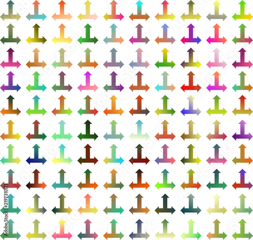 Collection of colorful three-way arrow icons with smooth gradient effects, arranged in a uniform grid on a clean white background