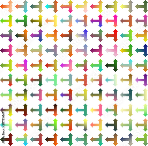 Collection of colorful three-way arrow icons with smooth gradient effects, arranged in a uniform grid on a clean white background