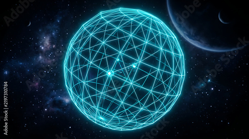 Glowing cyan geometric wireframe sphere floating in deep space with nebulae and planets for futuristic technology concepts