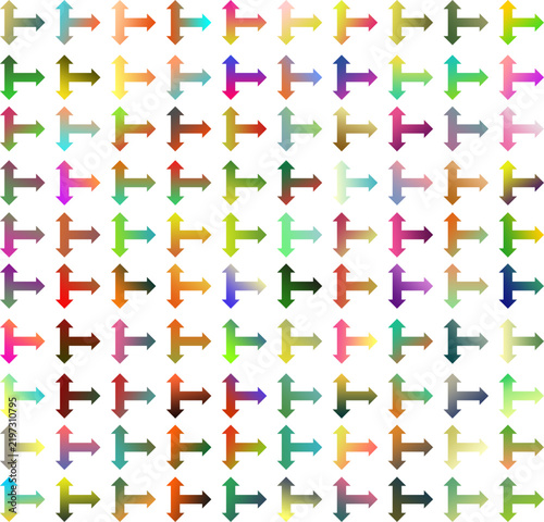 Collection of colorful three-way arrow icons with smooth gradient effects, arranged in a uniform grid on a clean white background