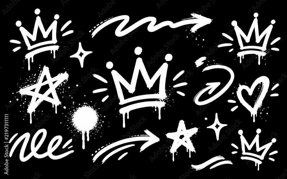 Obraz premium Urban street art graffiti spray paint elements set with crowns, stars, hearts, and arrows