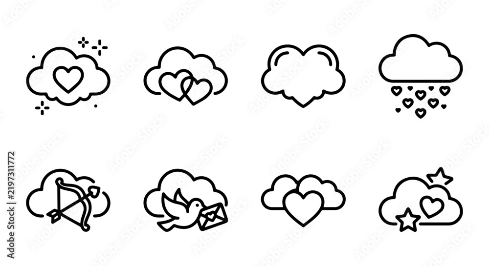 Obraz premium Love Icons Set, Valentine's Day Cloud Graphics, Romantic Heart Symbols, Cupid Arrow Vector Elements