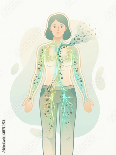 The lymphatic system and its role in detoxification and body wellness. The illustration highlights the process of toxin removal.