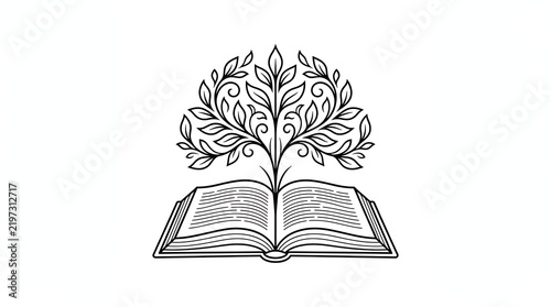 Minimalist line art of an open book with a tree growing from the pages as a symbol of education knowledge and imagination