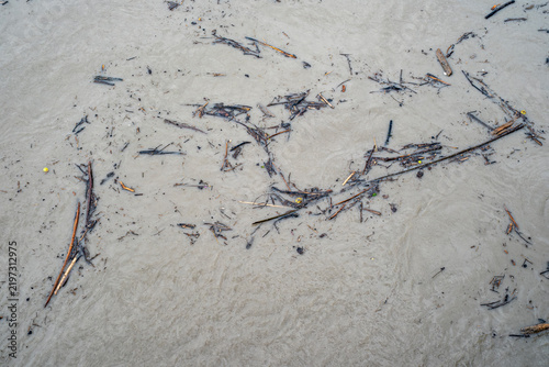 Fotografía Treibgut aus Holz und Baumteilen in einem Fluss