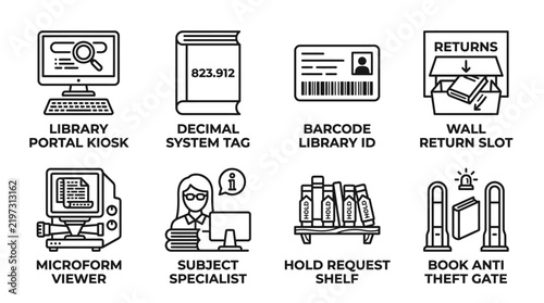 Collection of modern library infrastructure and management icons with infrastructure management microform specialist information security protection academic learning identification facility