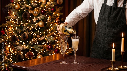 Waiter pouring champagne into flutes by a lit christmas tree at night