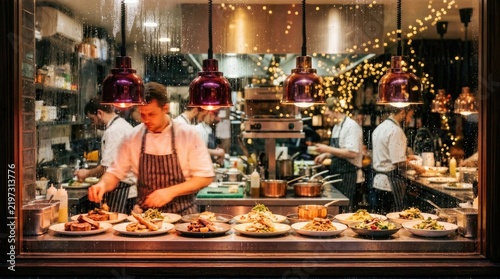 Chefs preparing gourmet dishes in a busy restaurant kitchen at night