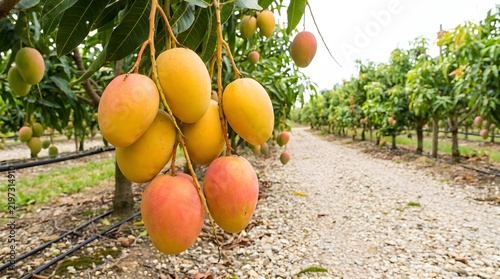 Ripe Mangoes Hanging on Tree in Orchard