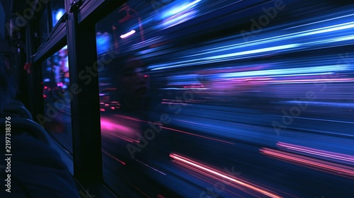 Blurry streaks of neon light from a moving vehicle at night