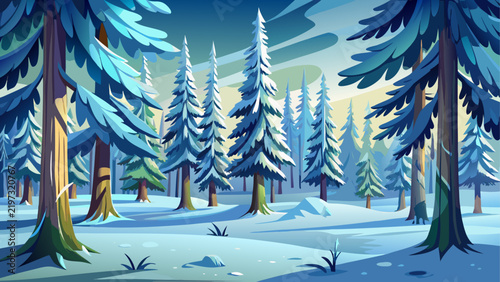 Illustration of a snowy winter forest