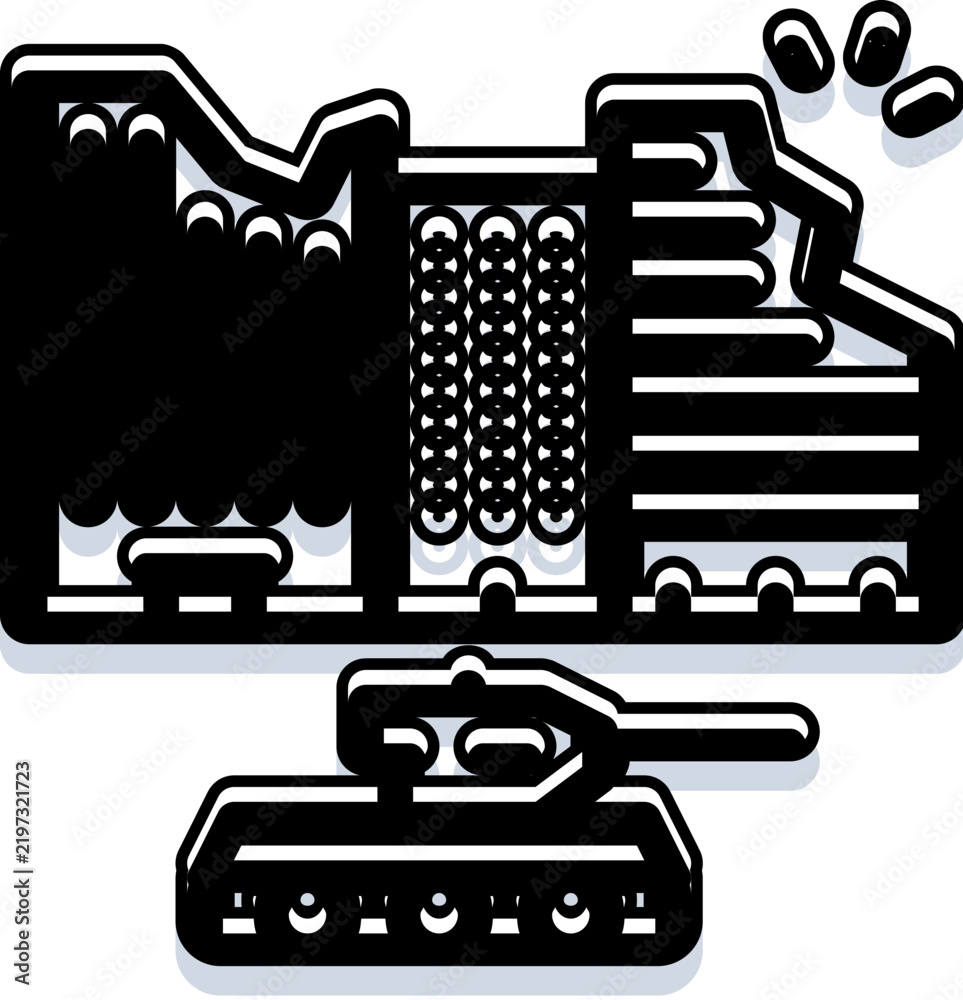 Obraz premium Armored vehicle engaging in military action near a partially destroyed city structure with debris flying, symbolizing urban conflict and the devastating impact of modern warfare