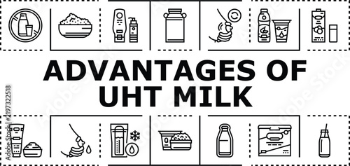 Advantages of uht milk banner infographic. Sterile nutritious, quality packaged, stable economical icon vector illustration