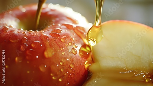 Fresh Apple with Honey Drizzle: Close-up of ripe fruit, glistening with droplets, showcasing natural sweetness and healthy snack appeal.