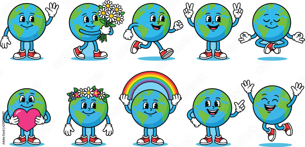Obraz premium Retro cartoon earth day character set, vintage rubber hose style globe mascot collection, 10 cute planet earth vector icons for environmental awareness