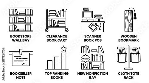 Bookstore organization and library management icons with bookstore management bookmark shopping organization collection business inventory education literature nonfiction statistics