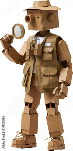 Cardboard robot inspecting specimen
