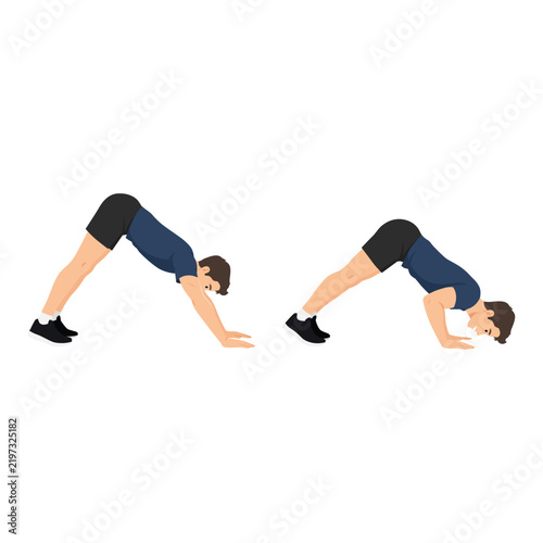 Man Performing Pike Push Up Exercise. Flat vector illustration isolated on white background