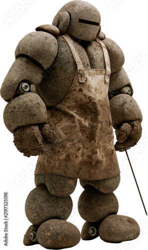 Muddy stone robot in clay apron