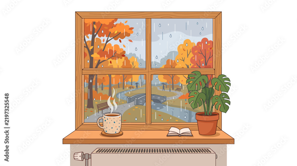 Obraz premium Hot Drink Mug and Monstera Plant on Windowsill Overlooking Rainy Autumn Park Vector Illustration