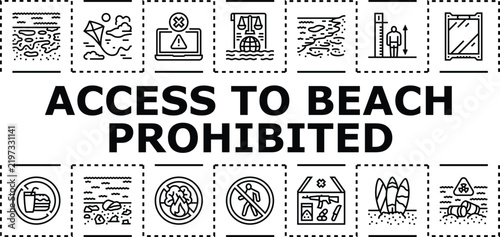 Access to beach prohibited banner infographic. Barrier patrol, shoreline closure, locked coastal icon vector illustration