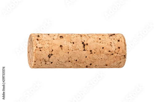 Фотография Natural cork stopper with detailed porous bark texture and small dark speckles, shown horizontally and isolated on a clean white background